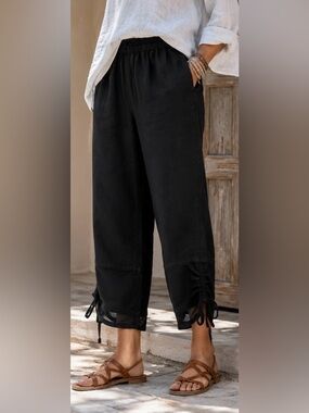 Fenini Artsy Black Linen Crop Pants Ruched Mesh Hem Elastic Waist Lagenlook, M